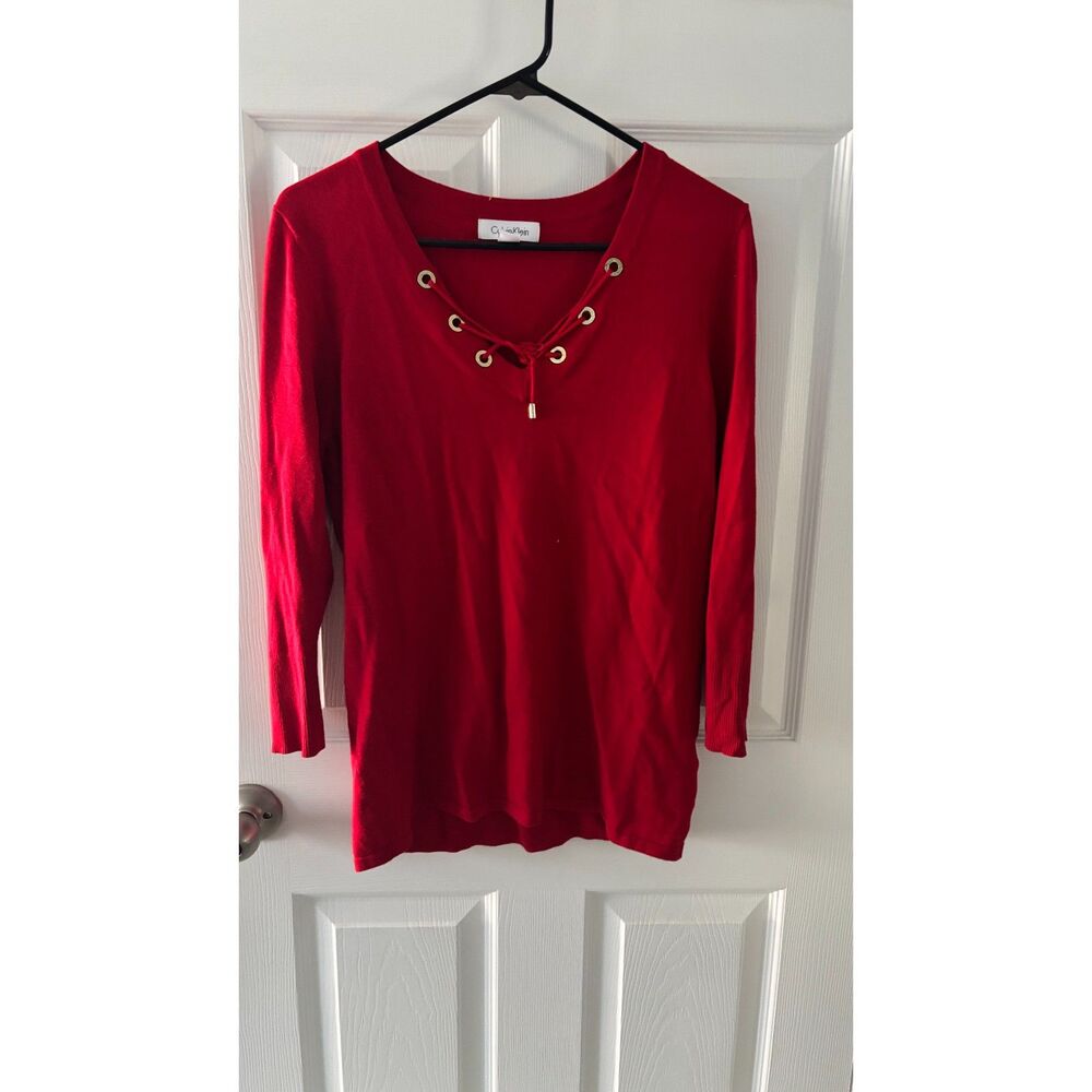 Calvin Klein Red Lace-Up V-Neck Knit Sweater Top Women's S